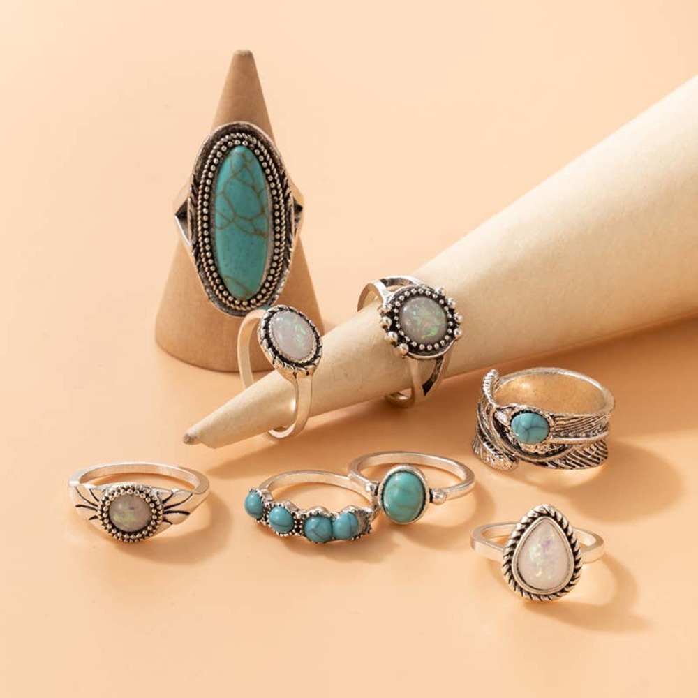 Geometric Ethnic Style Alloy Sausage Turquoise Women Rings 8 Pieces - Picture 2 of 8
